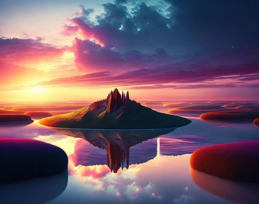 Tranquil landscape with vibrant sunset reflection on water