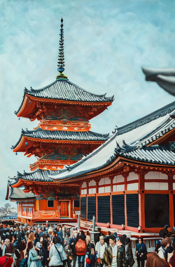 Traditional Japanese temple with red pagoda and vibrant crowd.