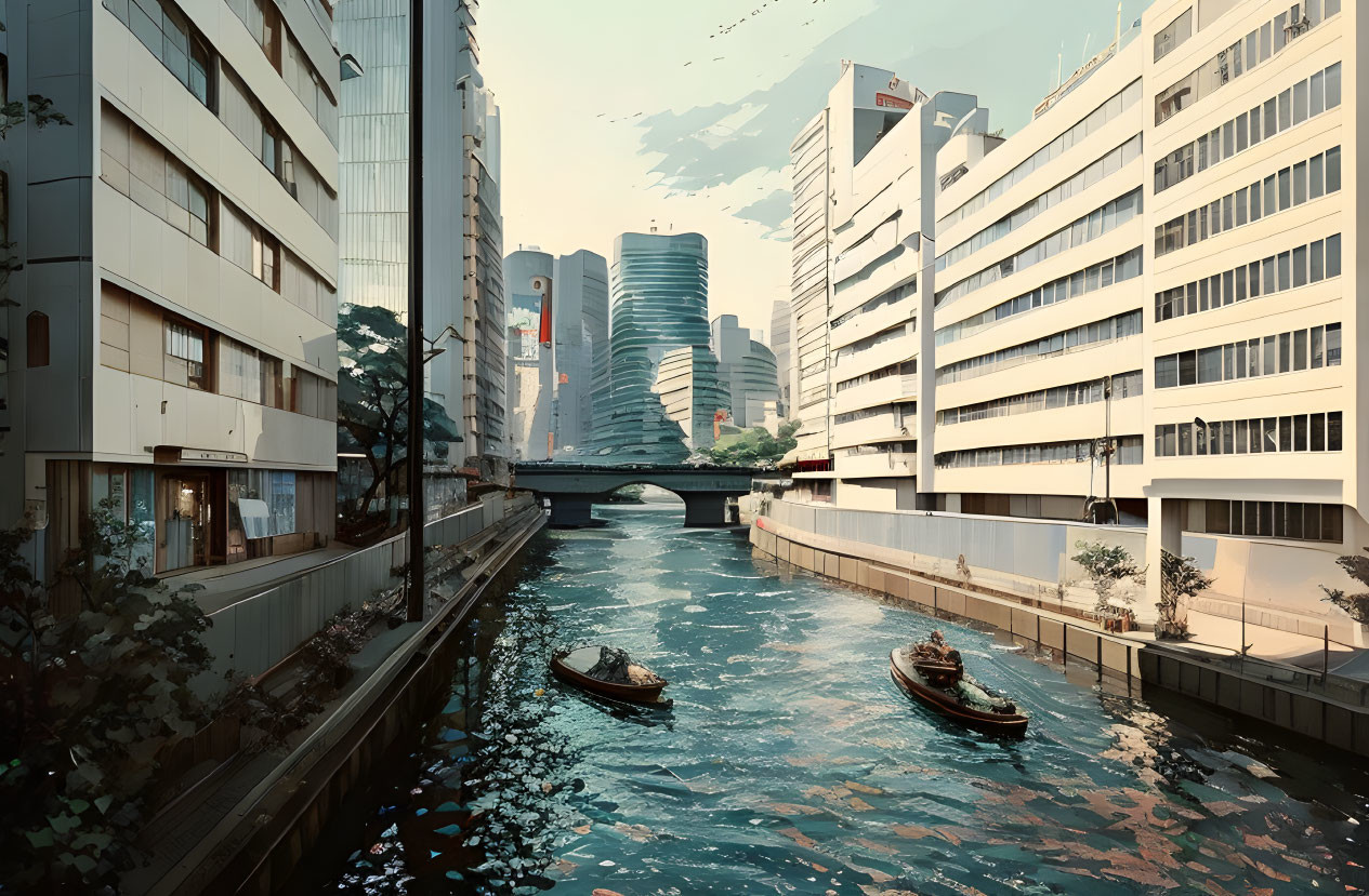 Cityscape: River channel, boats, high-rise buildings, modern architecture