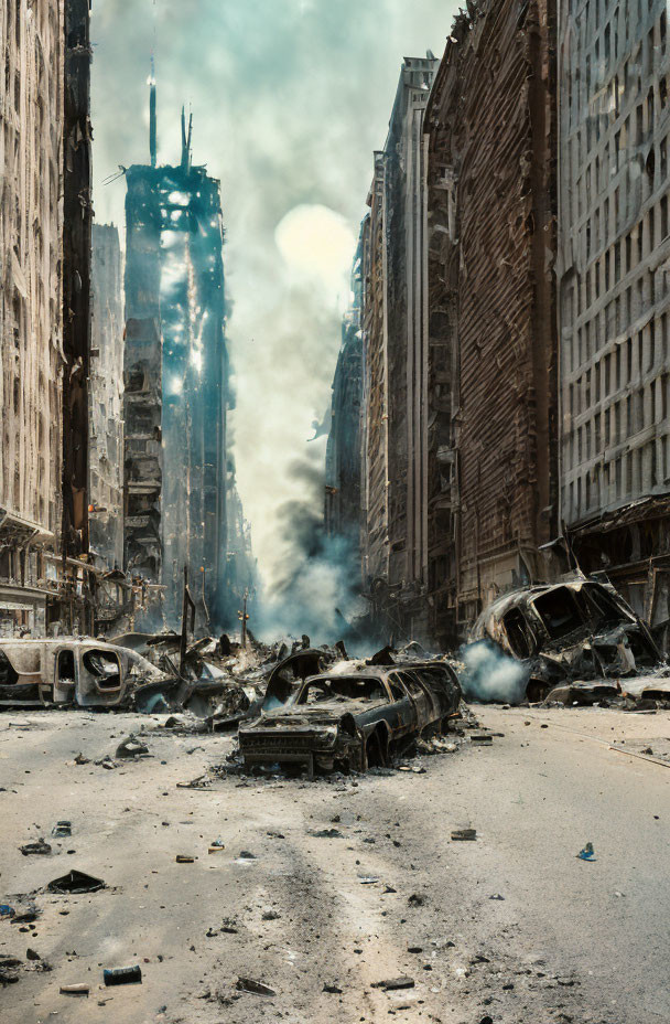 Desolate post-apocalyptic cityscape with burnt cars and derelict skyscraper