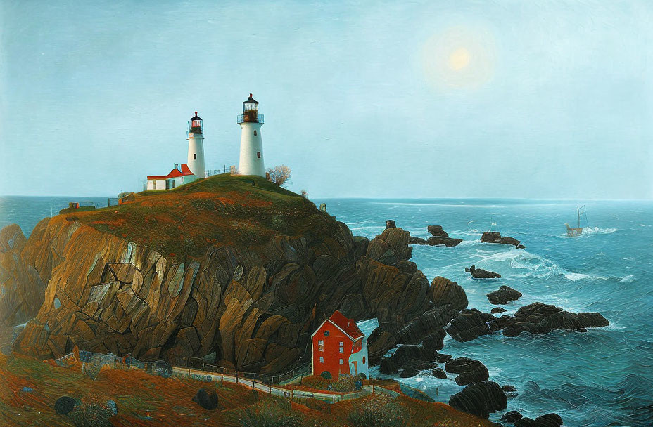 Rugged Cliff with Two Lighthouses and Sailboat on Misty Ocean