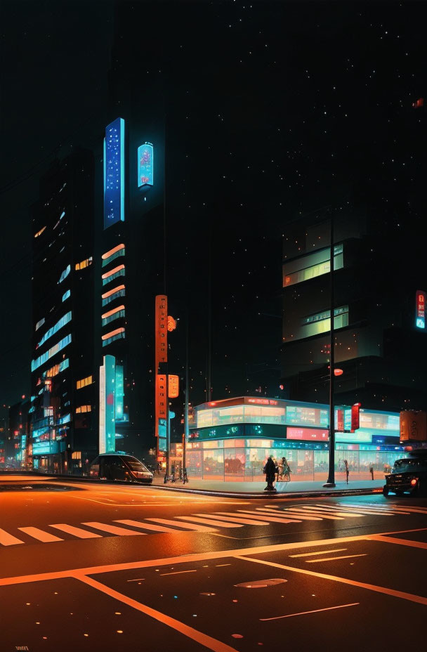 Urban night scene with illuminated buildings, neon signs, cars, pedestrians, and starry sky.