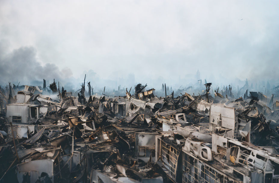 Field of Debris and Wreckage Under Smoky Sky