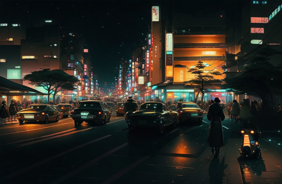 Futuristic neon-lit cityscape at night with streets, vehicles, and pedestrians