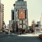 Futuristic building with traditional architecture and eye symbol in deserted intersection