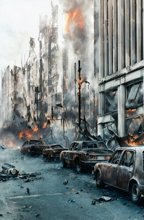 Urban devastation: Burnt-out cars, wreckage, fire, and smoke in a street.