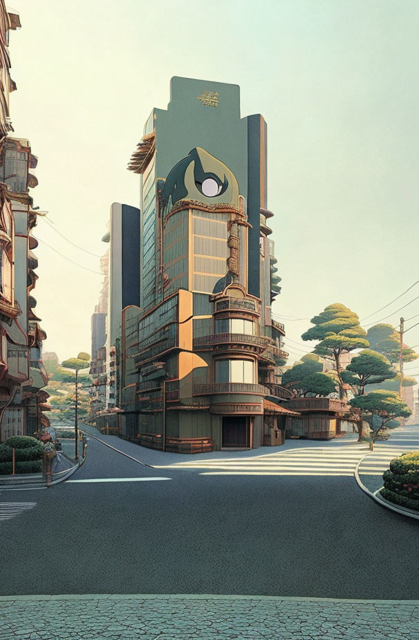 Futuristic building with traditional architecture and eye symbol in deserted intersection