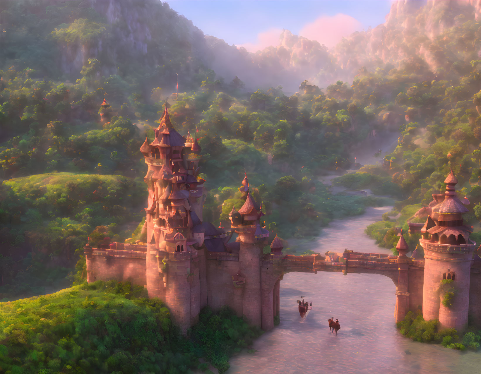 Fantasy castle with spires, misty mountains, river, bridge, and riders in warm light