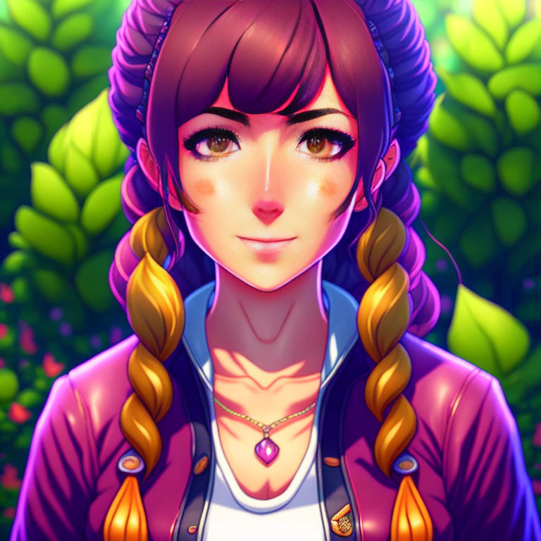 Smiling woman with braided hair and purple jacket in vibrant green setting