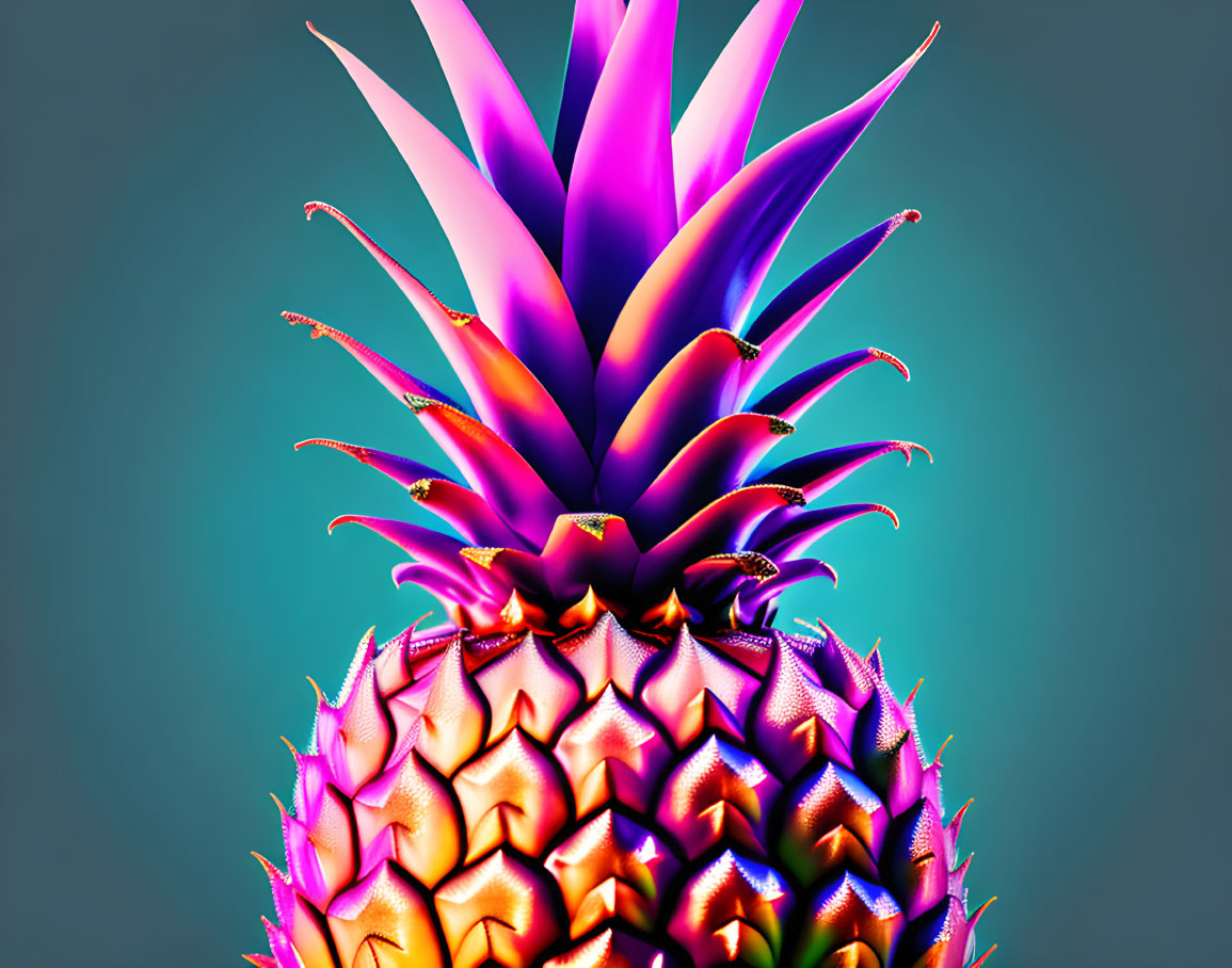 Colorful neon glow pineapple on teal background