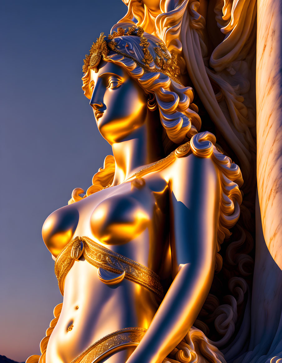 Intricately detailed golden statue of woman against softly lit sky