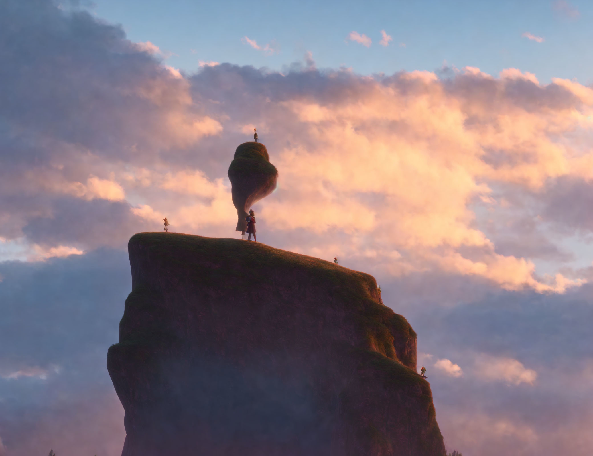 Floating island above rocky peak at sunset with small figures.