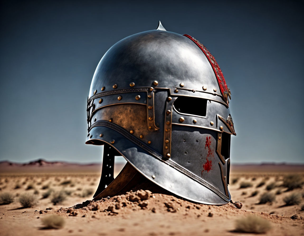 Aged knight's helmet with red plume in desert scene with scratches and bloodstain