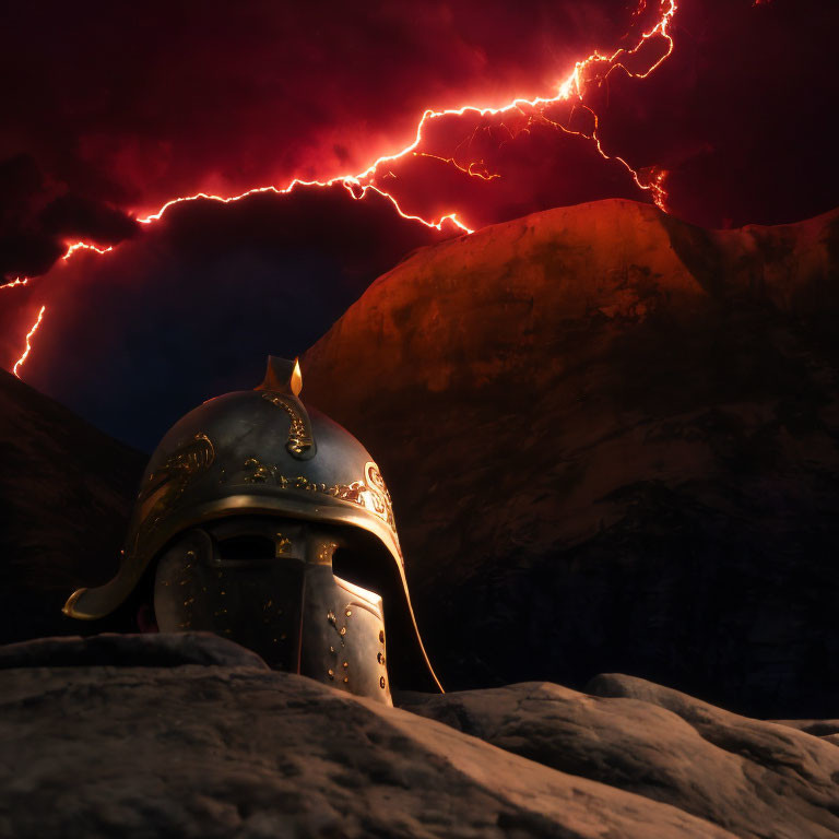 Ornate metal helmet on rocky terrain under dramatic red lightning sky