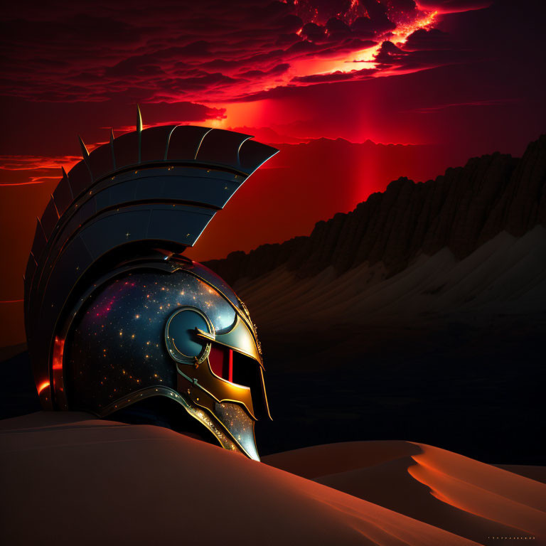 Futuristic helmet with glowing visor on sandy terrain under dramatic red sky