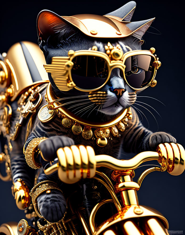 Steampunk-inspired cat illustration in opulent attire riding brass bicycle