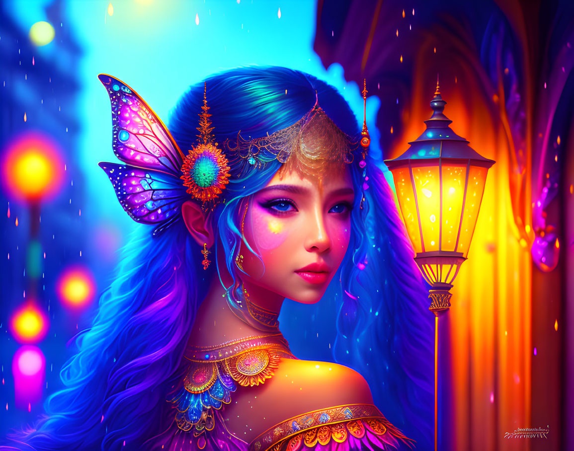 Colorful woman with blue hair and butterfly wing next to lantern and bokeh lights