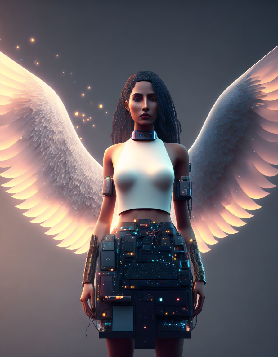 Futuristic female cyborg with white wings and technology dress