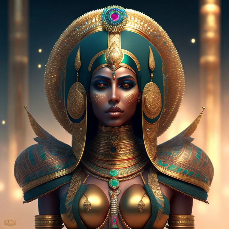 Golden Egyptian headdress and ornate jewelry on regal figure against glowing pillars