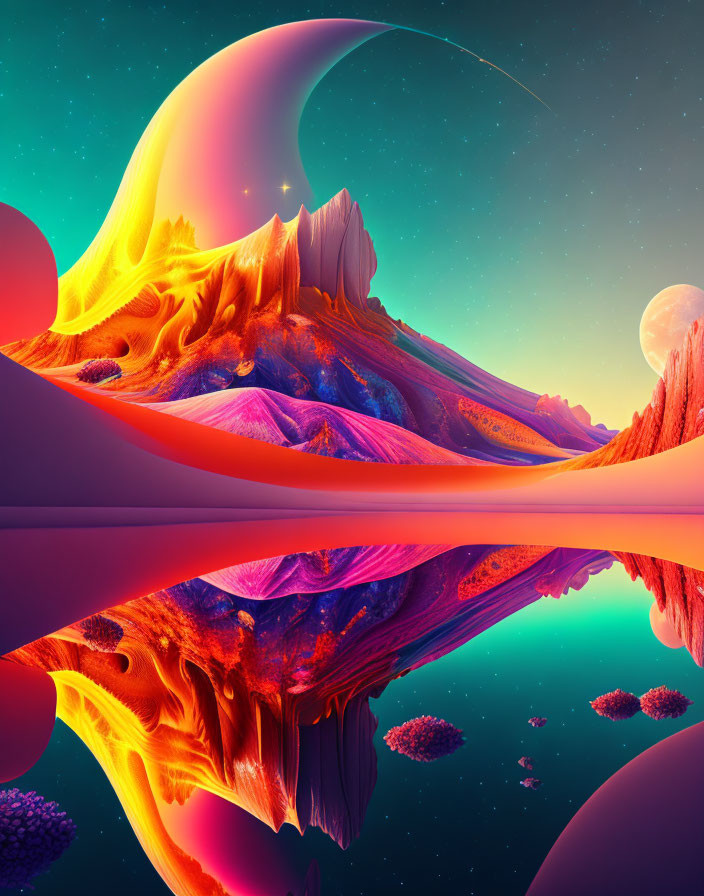 Colorful Alien Landscape with Flowing Terrain and Starry Sky