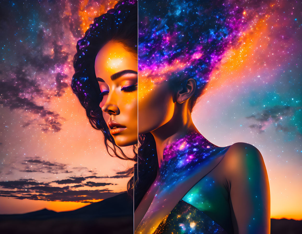 Surreal portrait of woman merging with sunset and starry sky