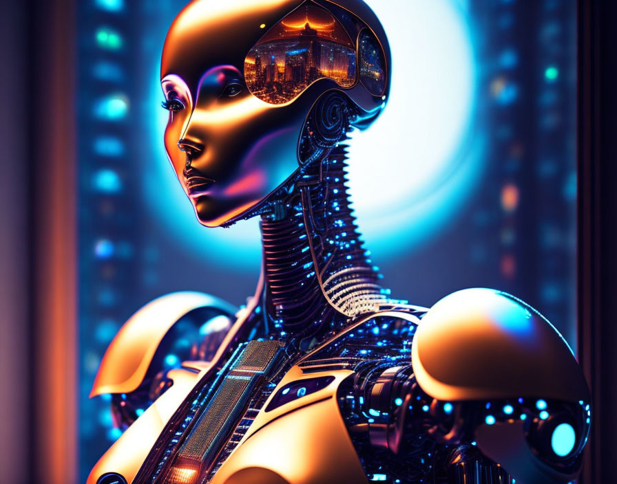 Detailed Close-Up of Futuristic Robot with Human-Like Face