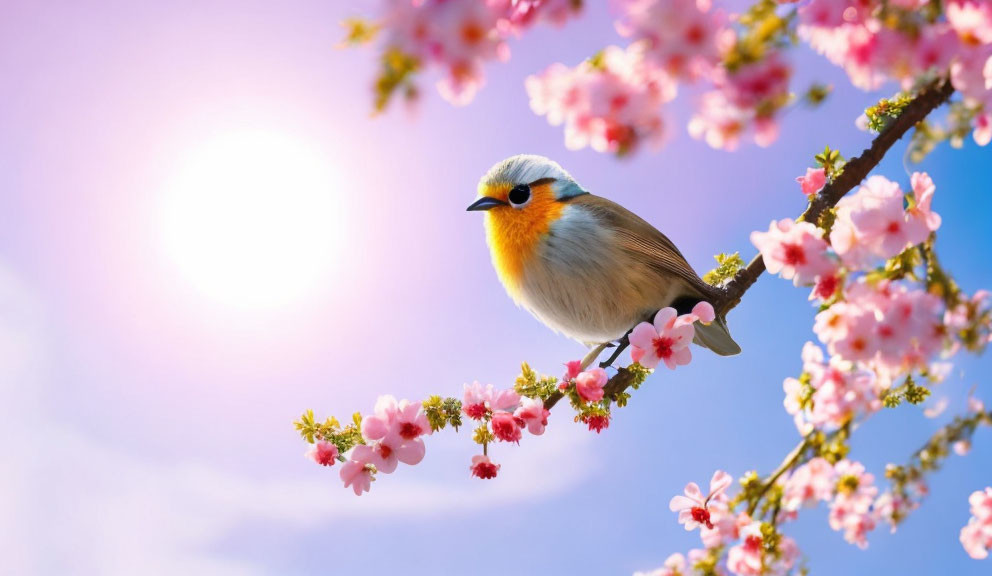 Colorful bird perched on branch with pink blossoms under radiant sun