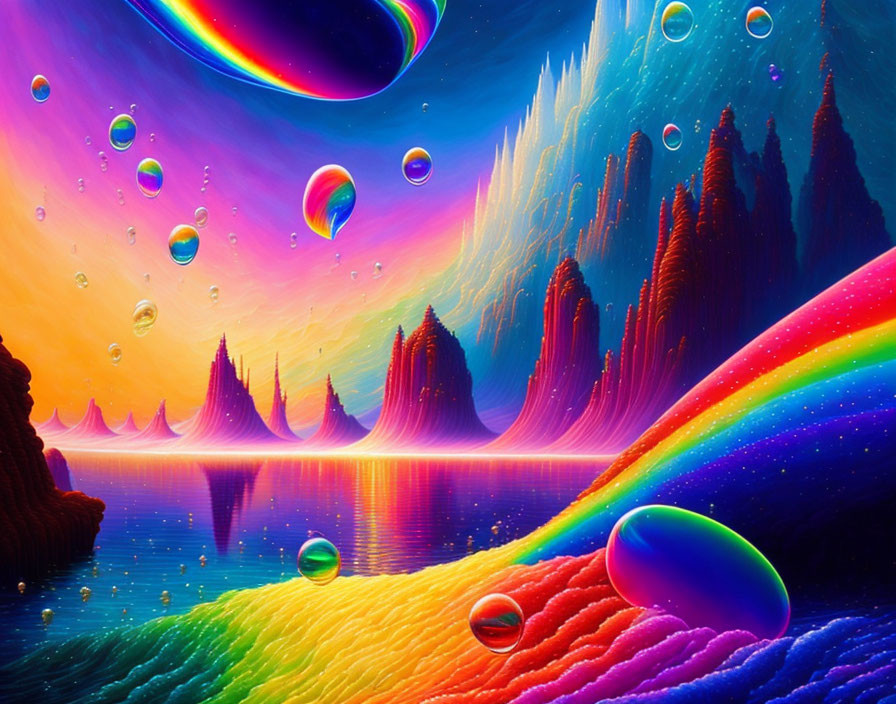 Colorful surreal landscape with iridescent bubbles and neon-lit sky