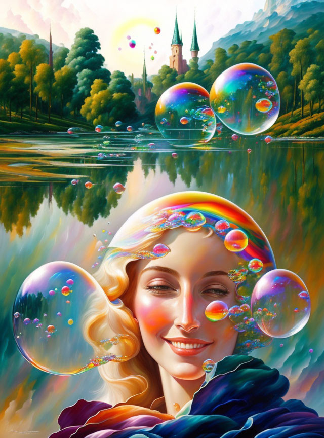 Iridescent bubbles surround woman in whimsical landscape