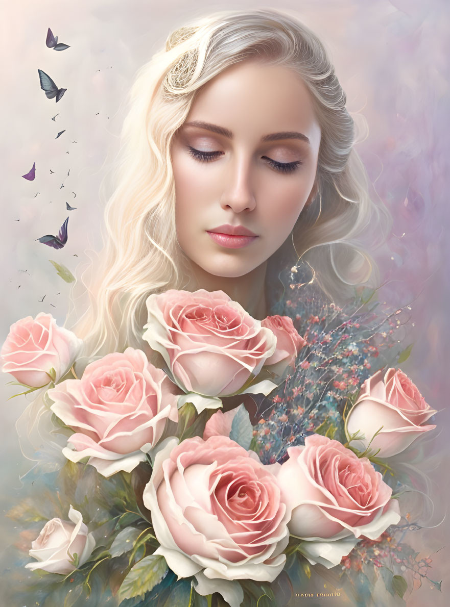 Blonde woman surrounded by pink roses and butterflies