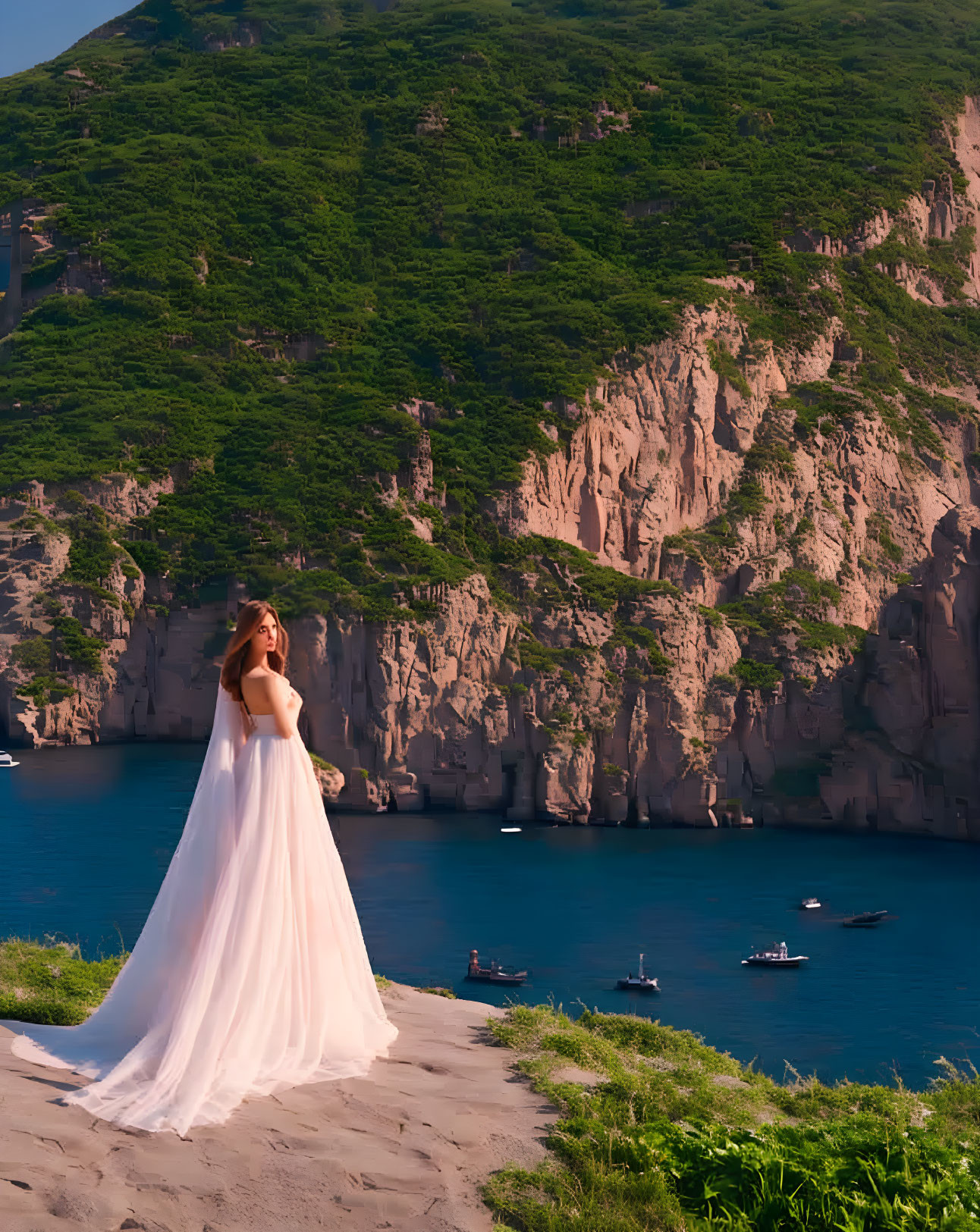 Person in white dress on sandy shore with cliffs and boats in background