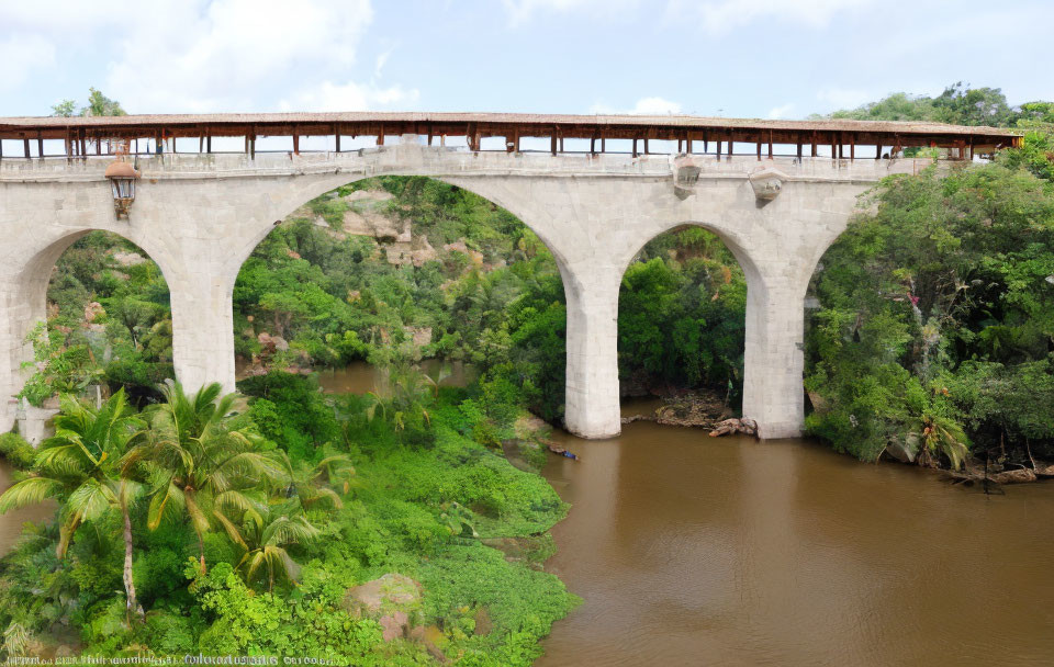 Stone Arched Bridge Over Tropical River Amid Greenery