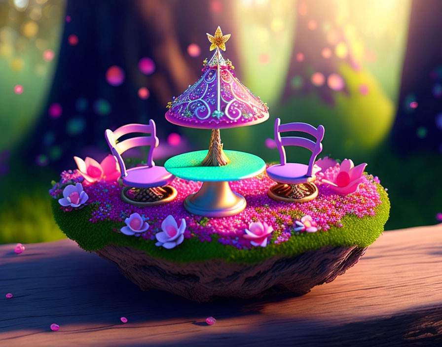 Floating island with pink flowers and magical tea set under starry umbrella