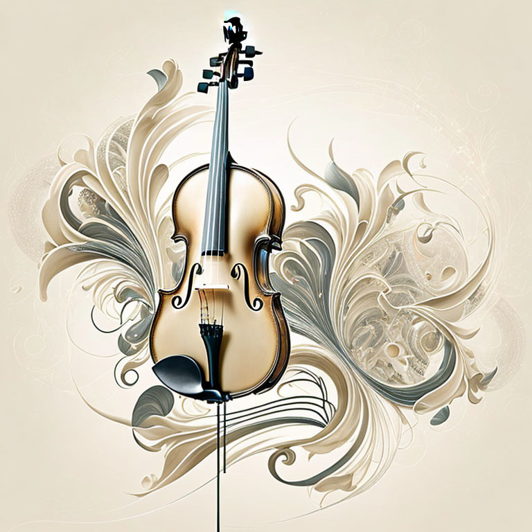 Decorative Swirls and Floral Patterns on Violin Against Cream Background