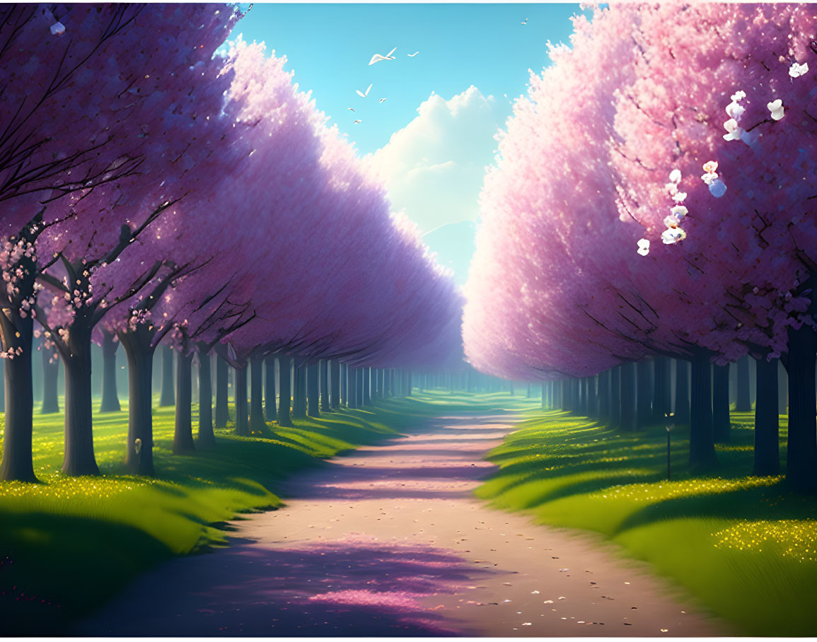 Scenic cherry blossom trees with pink petals, birds, and warm light.