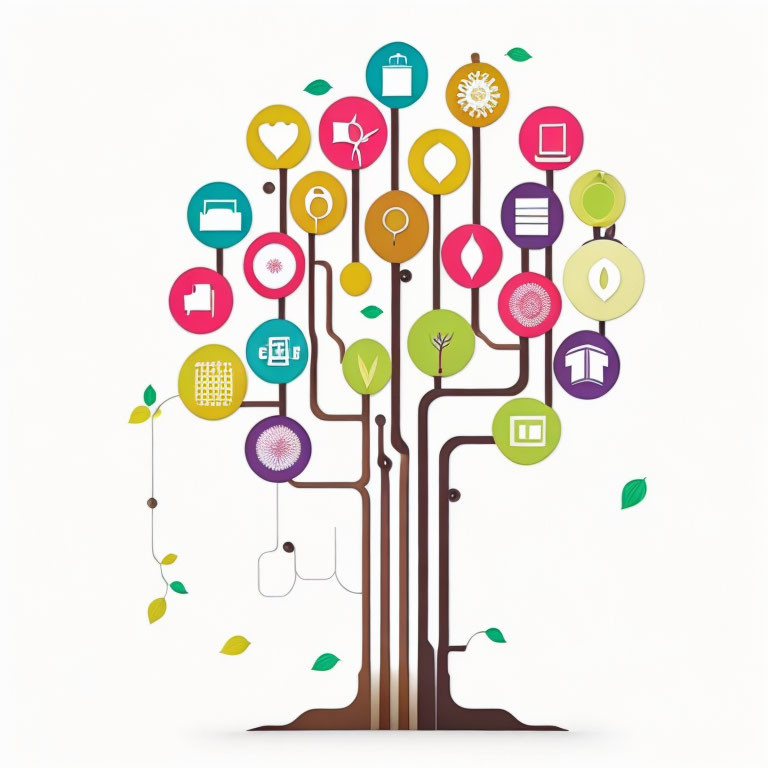 Colorful app icons on stylized tree branches against white background