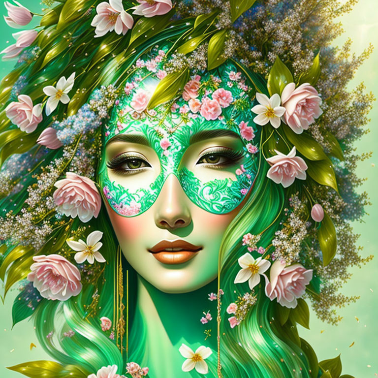 Green-skinned woman with floral elements and foliage in hair - nature-inspired digital artwork