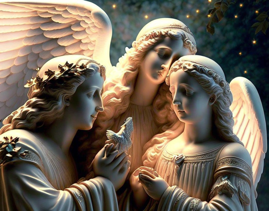 Serene angels and bird in glowing light with stars background