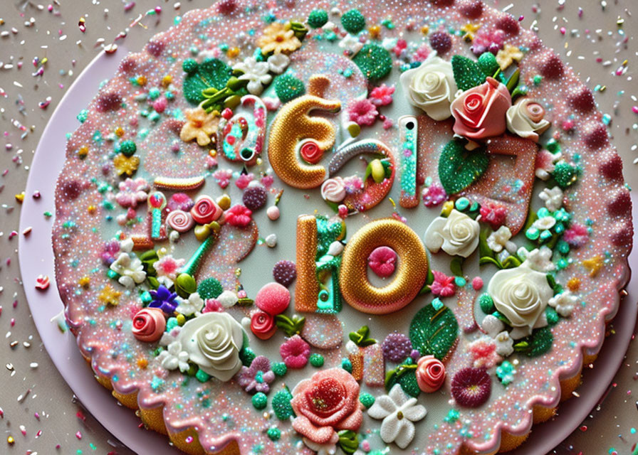 Colorful Cookie Cake with Numbered Candles, Edible Flowers, and Sprinkles