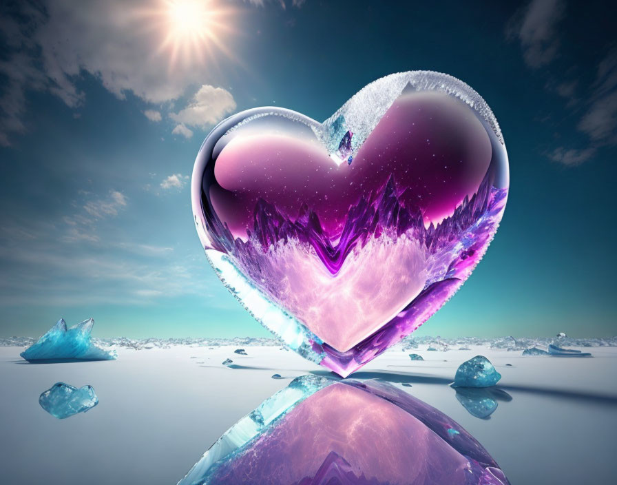 Crystal-like Heart Sculpture Shining in Icy Landscape