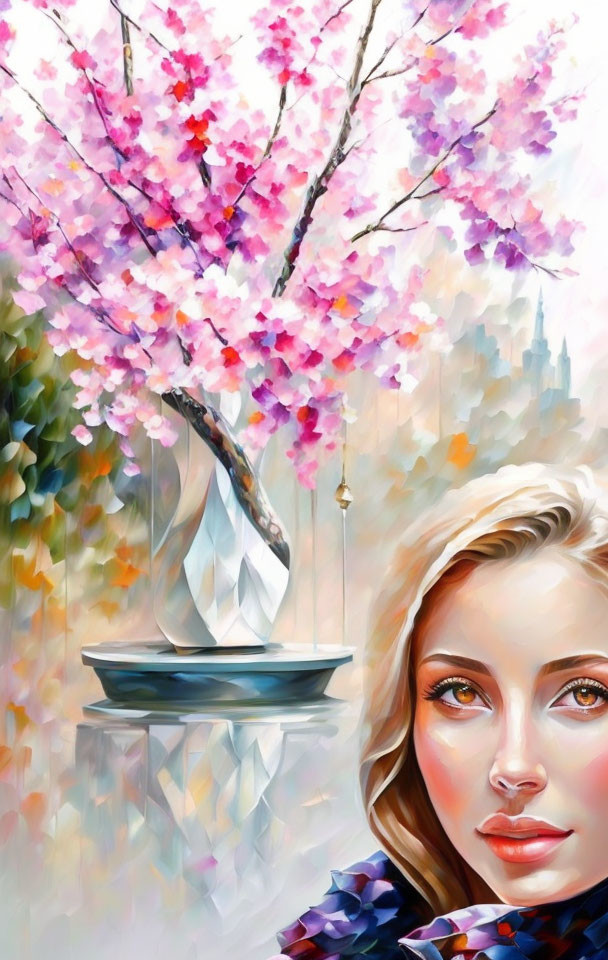 Colorful artwork featuring vibrant eyes, cherry blossom tree, and sailboat