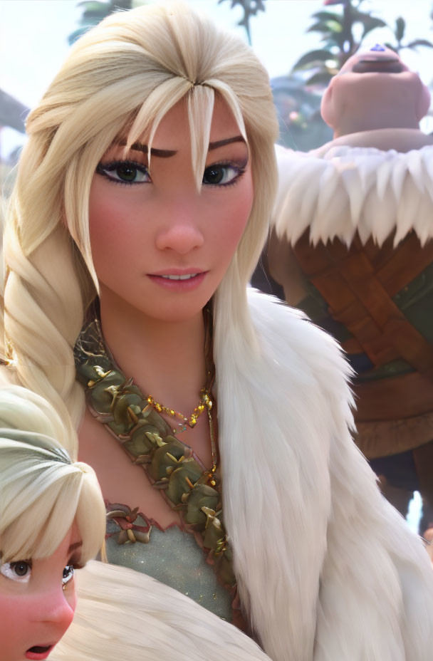 Blonde animated character with braid in white cloak and green necklace