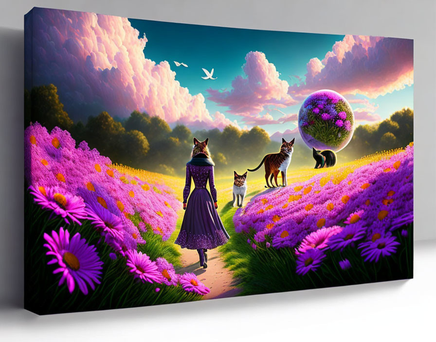 Colorful painting of woman, cats, and birds in a floral landscape