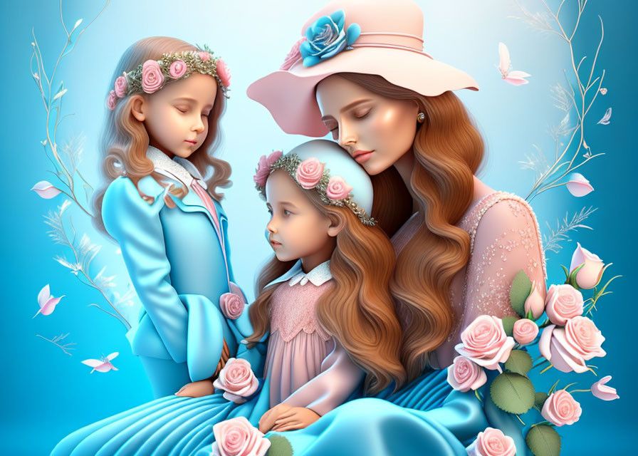 Vintage Clothing Illustration: Woman and Girls with Roses on Blue Background