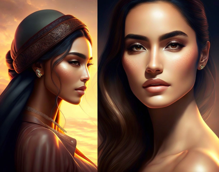 Stylized portraits of a woman in profile and facing forward against warm sunset backdrop