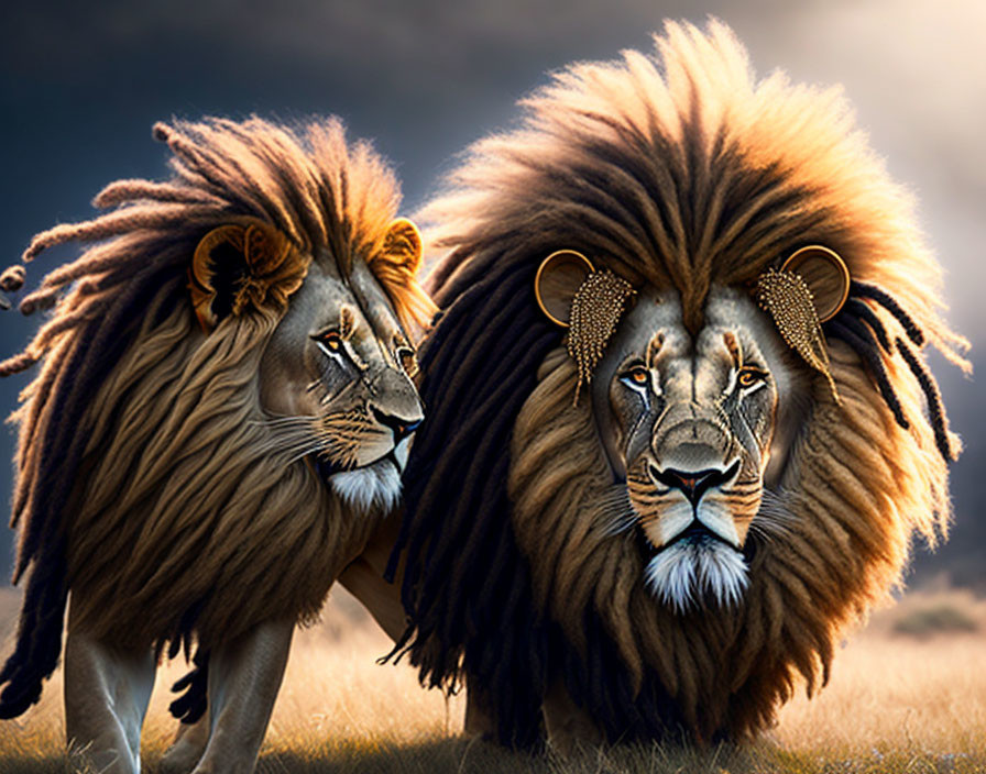 Majestic lions with detailed manes on grassy plain under dramatic sky