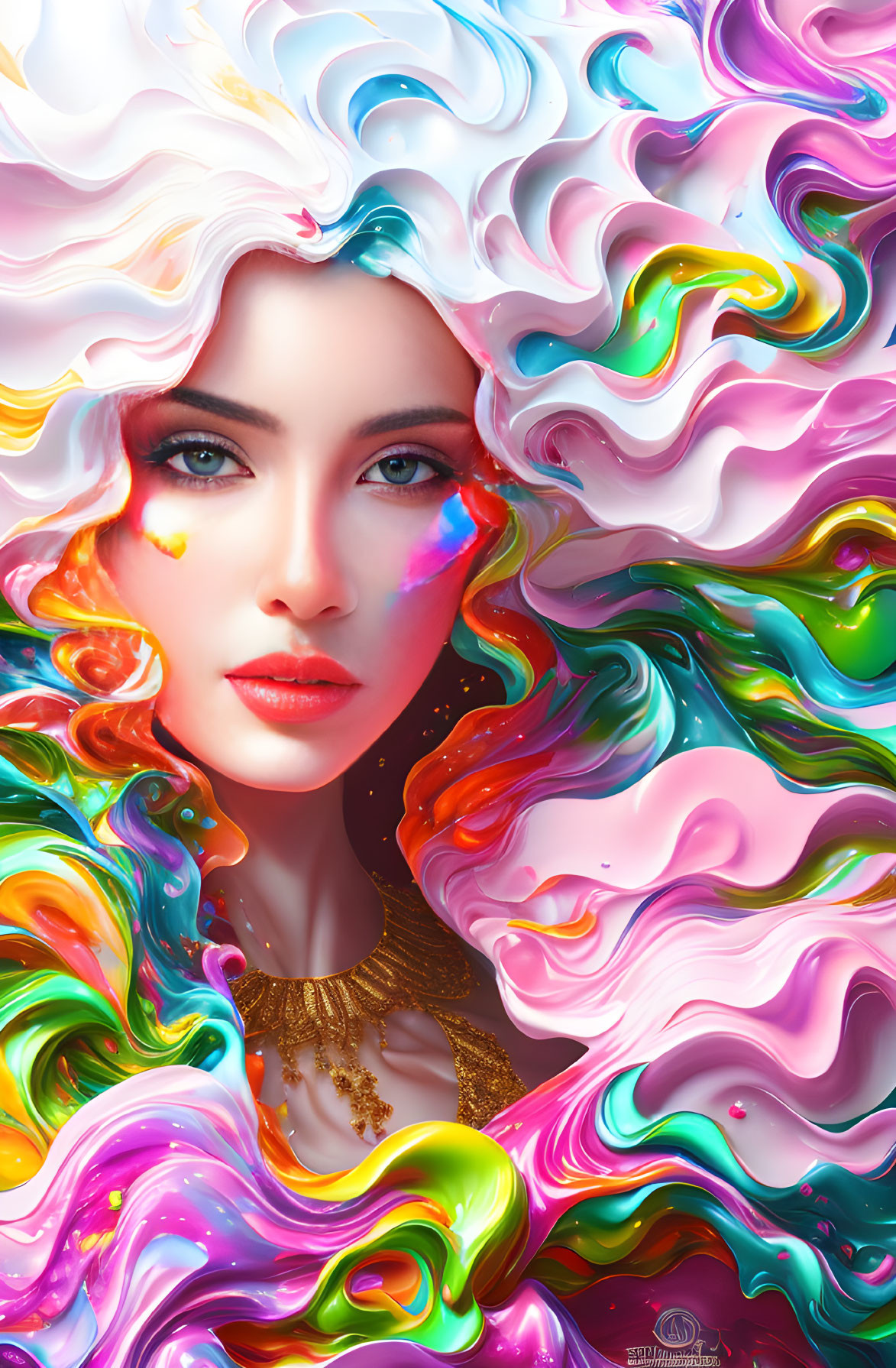 Colorful surreal portrait of woman with vibrant, swirling hair-like forms