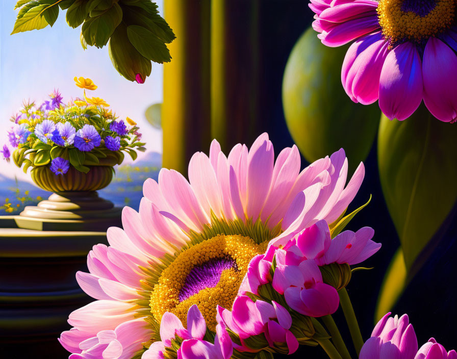 Vibrant pink gerbera flowers with purple and yellow blooms in sunny room.