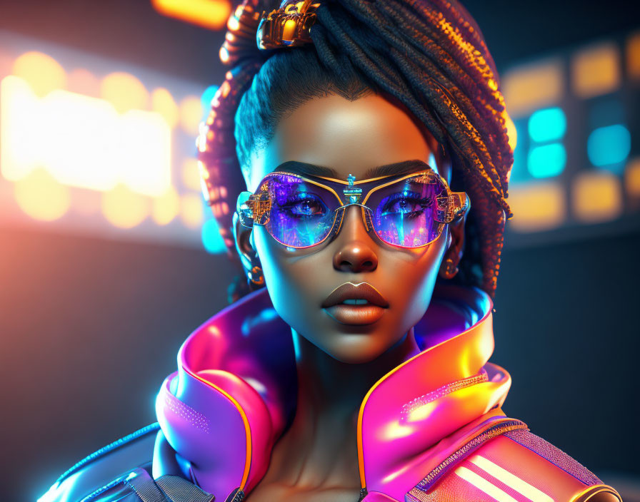 Digital artwork: Woman with braided hair and futuristic sunglasses in cyberpunk setting