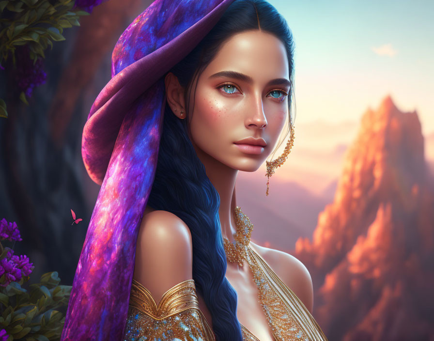 Digital portrait of a woman with blue eyes, gold jewelry, cosmic cloak, fantasy landscape